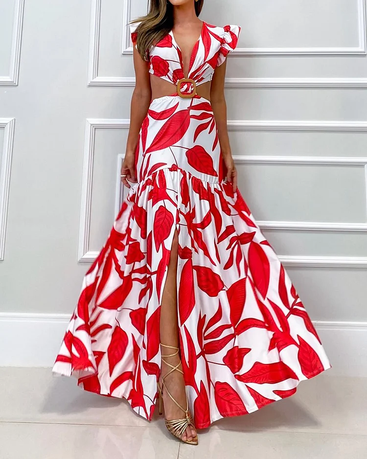 Leaf Print Cutout Fashion Dress