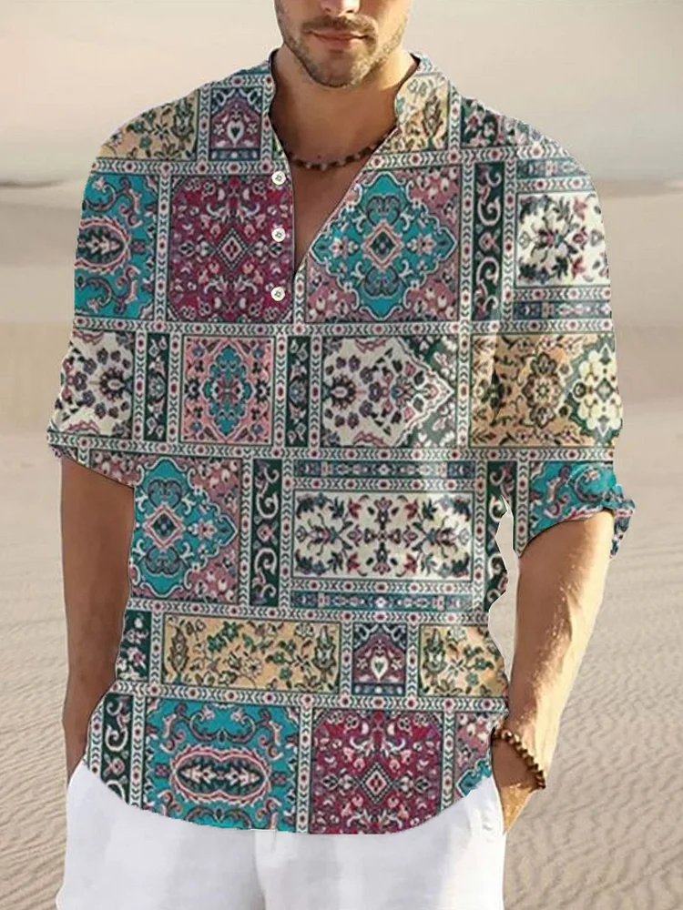 Men's printed cotton linen long sleeved shirt top