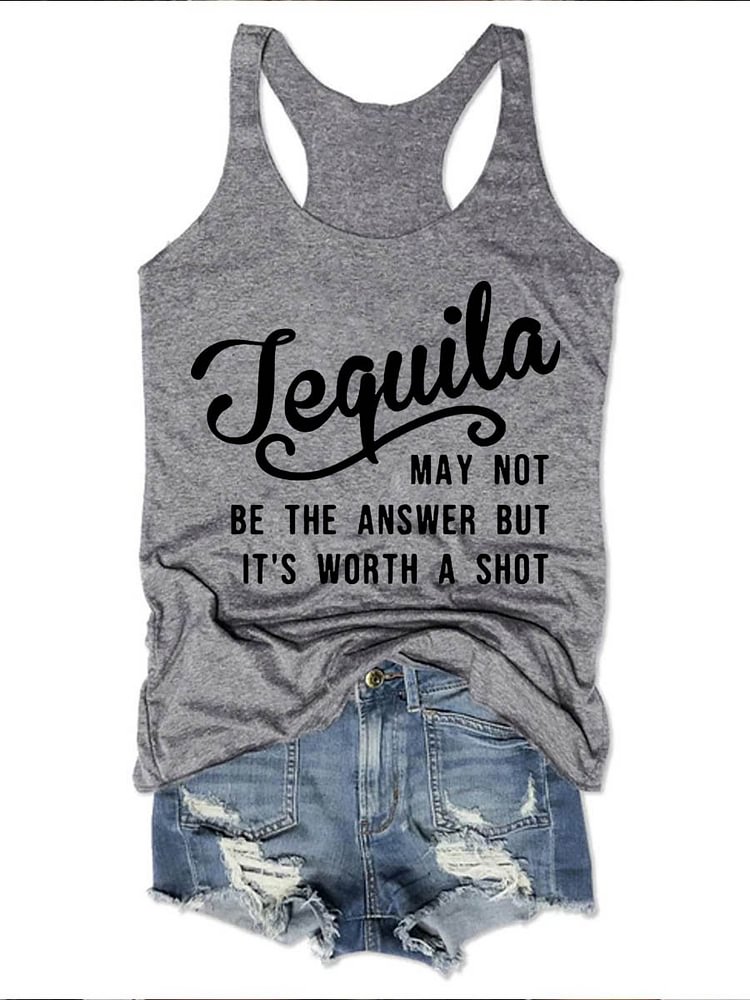 Bestdealfriday Tequila May Not Be The Answer But It's Worth A Shot Graphic Round Neck Sleeveless Loose Vest
