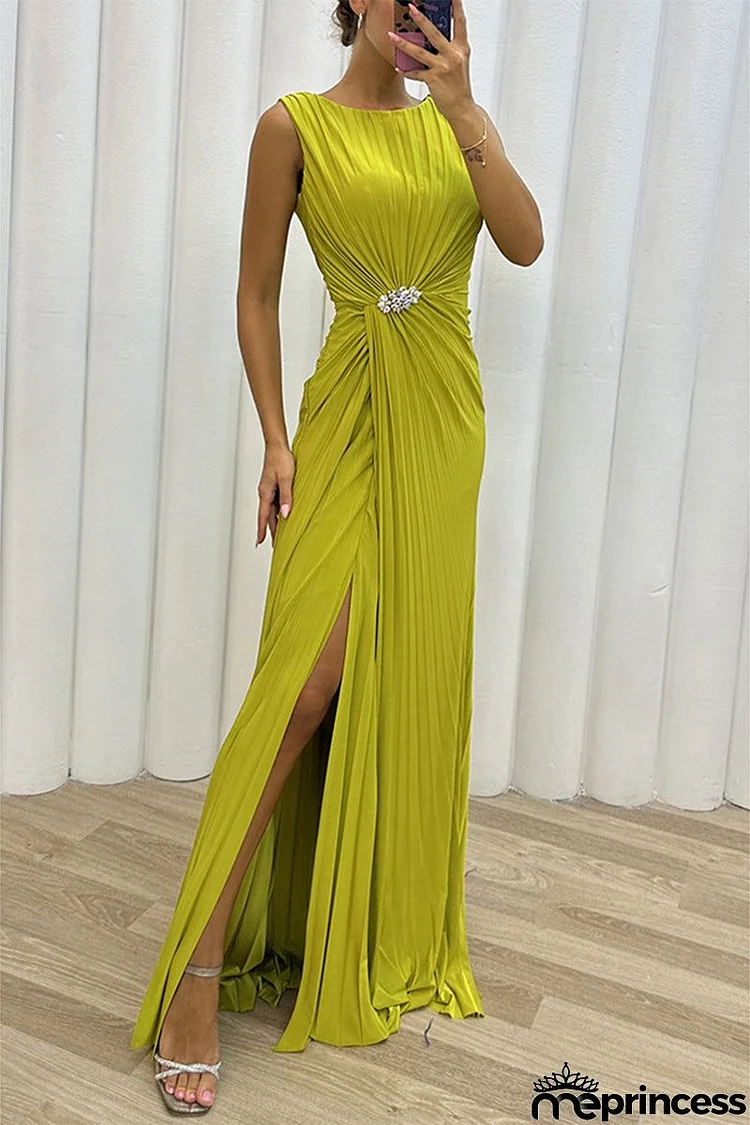 Elegant Formal Solid Slit Fold O Neck Evening Dress Dresses