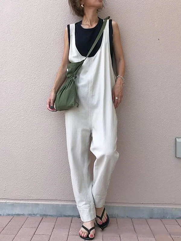 Loose Sleeveless Solid Color Split-Joint U-Neck Overalls