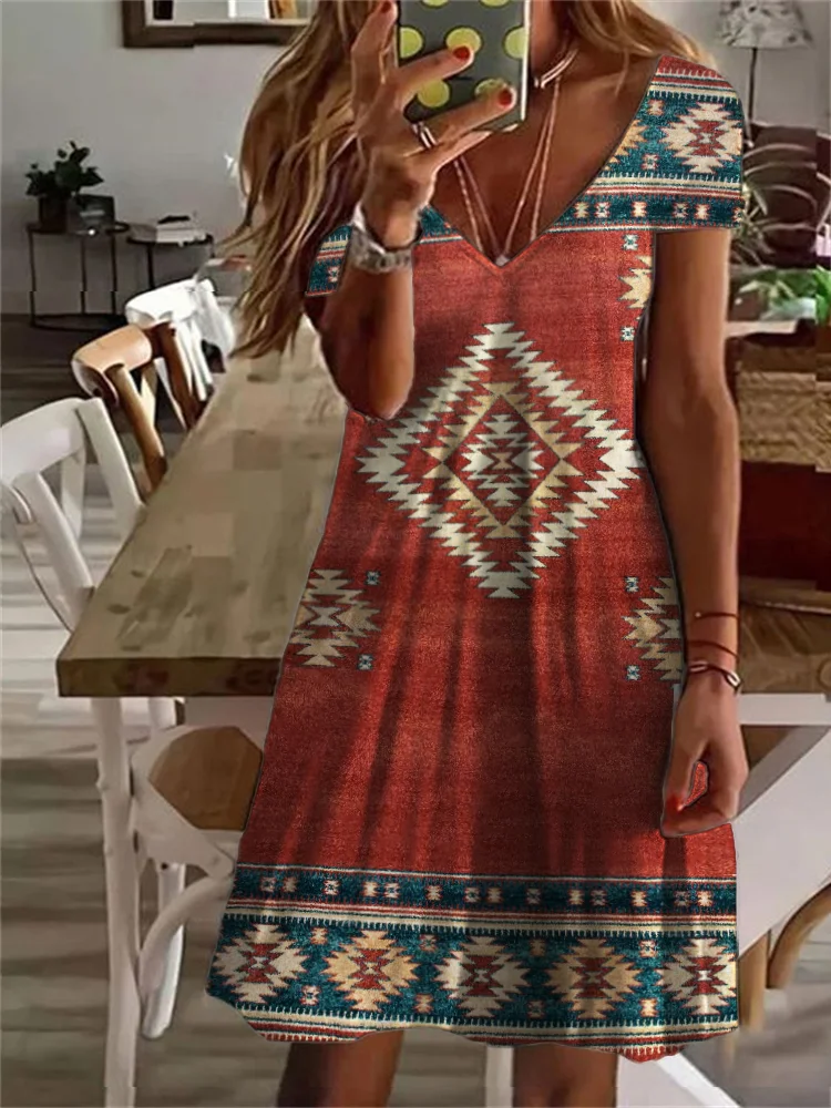 Vefave Western Ethnic Aztec V Neck Midi Dress