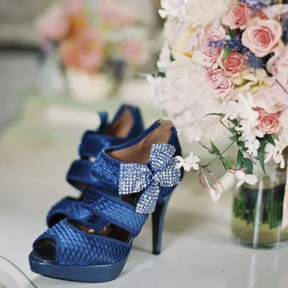 Navy Floral Peep Toe Platform Stiletto Heel Sandals Bridal Shoes Vdcoo