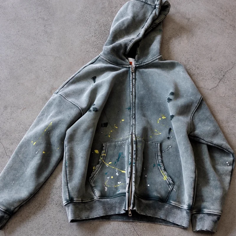 Handmade Distressed Heavyweight Hooded Double-Zip Sweatshirt Jacket