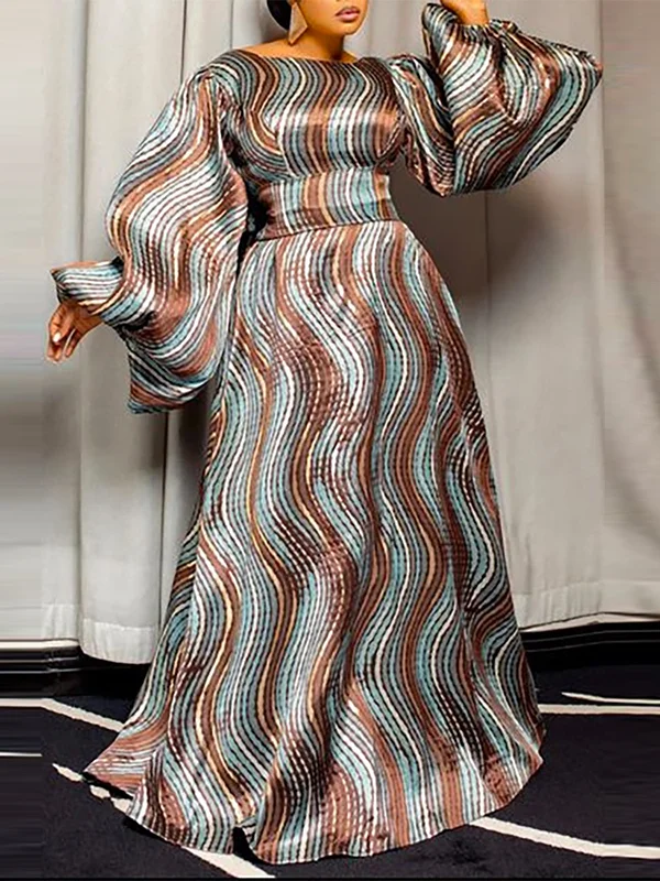 Printed Striped Long Sleeves Loose Round-Neck Maxi Dresses