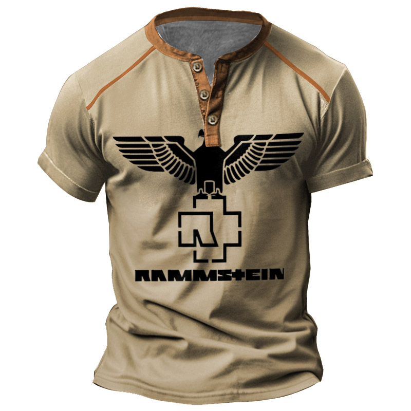 Men's Vintage Rammstein Rock Band Color Block Print Henley Short Sleeve T-Shirt / TECHWEAR CLUB / Techwear