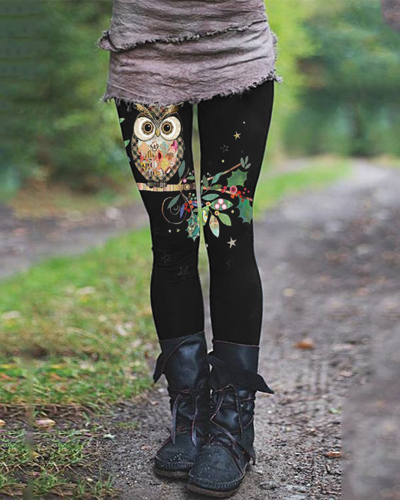 Casual owl print stretch pants