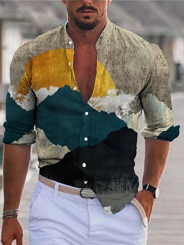 Men's printed cotton linen long sleeved shirt