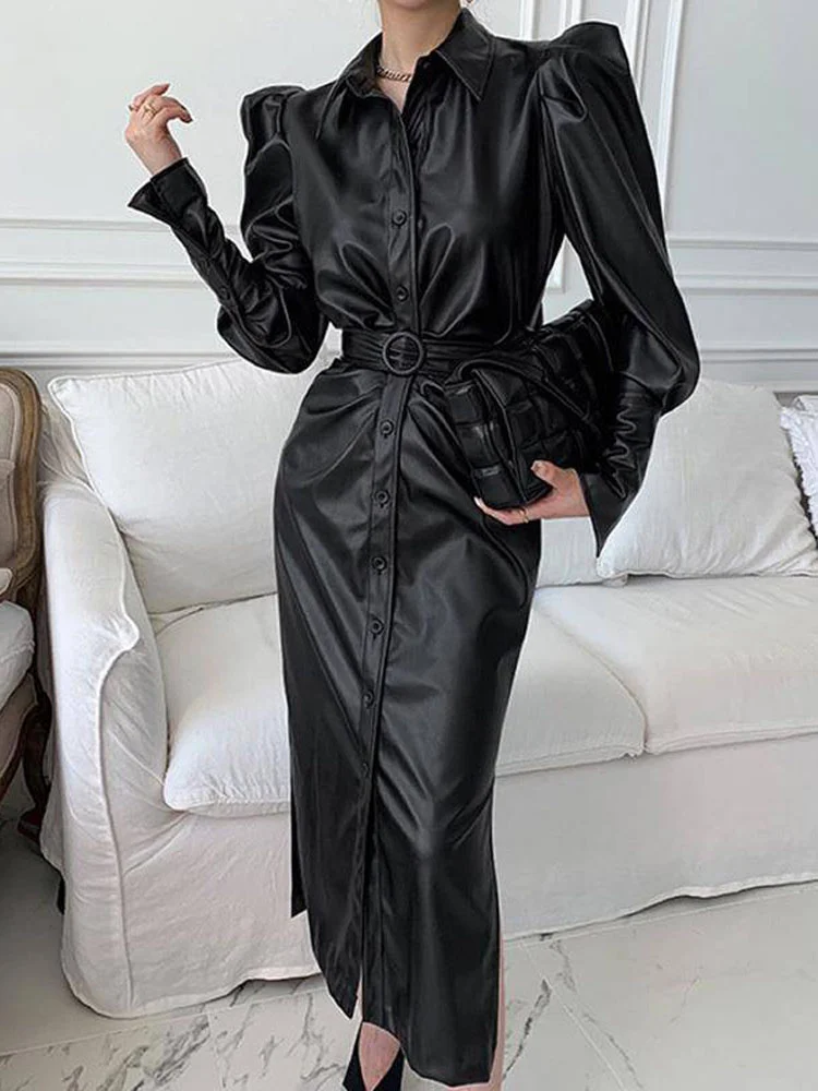 Urban Black Turn-down Collar Single-breasted Splicing Belt Puff Long Sleeve Faux Leather Dress