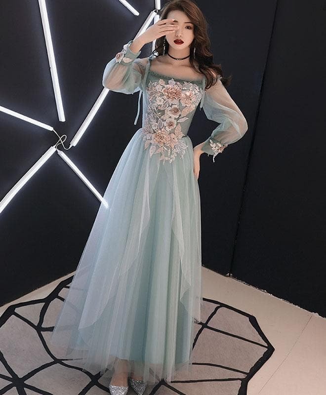 Green Tulle Lace Tea Long Prom Dress, Green Lace Evening Dress