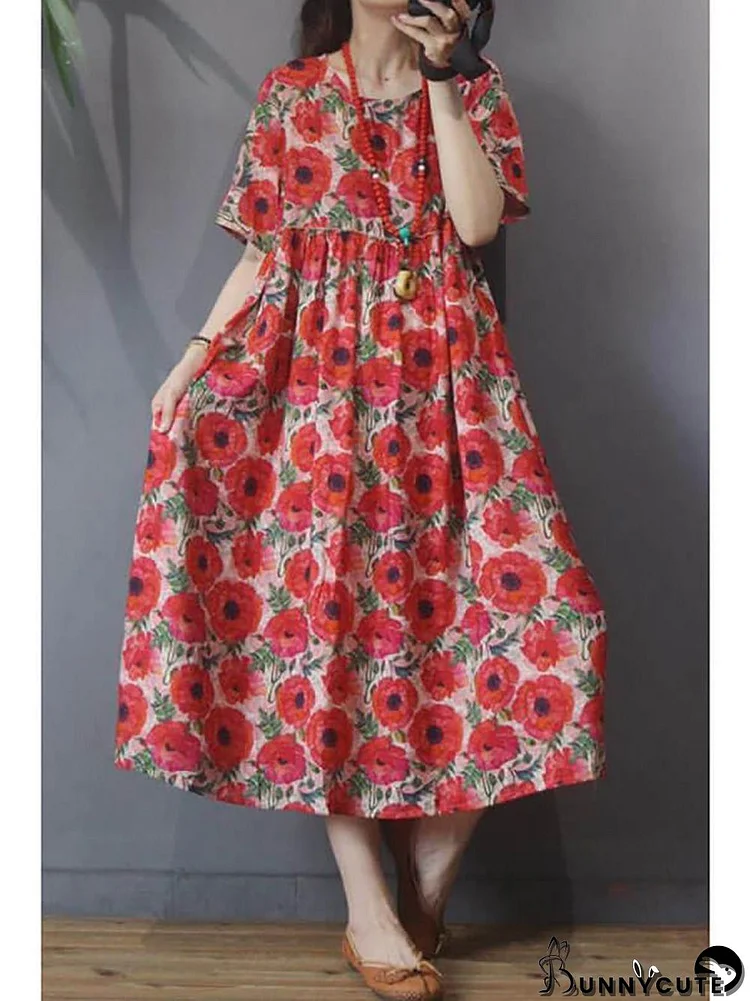 Plus Size - Women Floral Vintage Casual Short Sleeve Dress