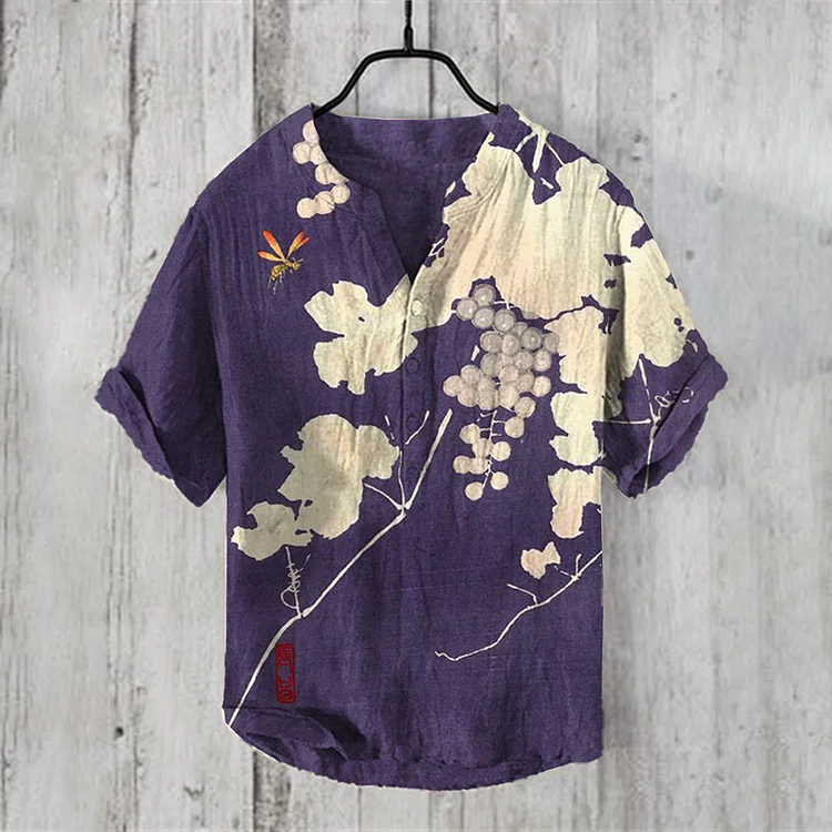 Comstylish Men's Vintage Japanese Art V Neck Casual Linen Blend Shirt