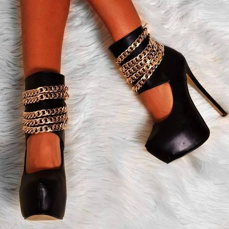 Black Platform Stripper Heels Gold Chains Stilettos Ankle Boots |FSJ Shoes