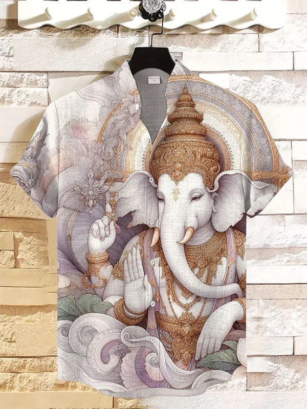 Men's Mystical Wisdom Ganesha Print Short Sleeve Linen Blend Shirt