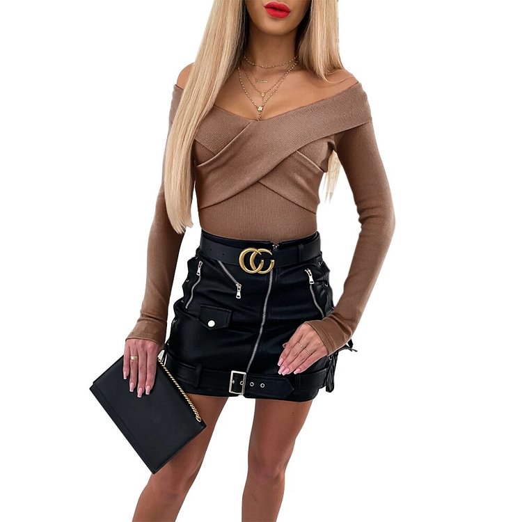 Elegant Women Knit Slash Neck Tops Cute Romantic Long Sleeve Cutaway Pullover Basic Cross Solid Spring Autumn Cross T Shirt - BlackFridayBuys