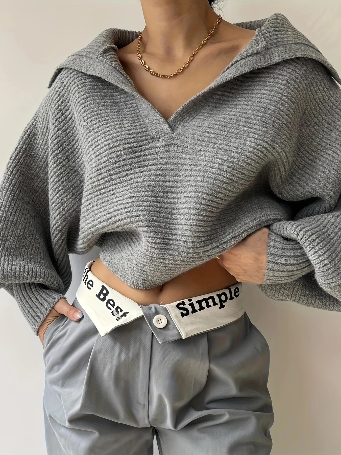 Women Tops V Neck Long Sleeve Winter Sweater Gray