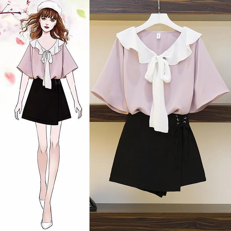 Short Sleeve Chiffon Tee+Shorts P14764