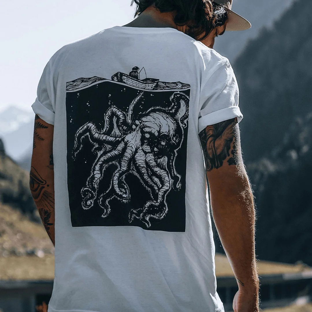Untold Stories in the Deep Sea Fisherman and Octopus White Print T-shirt