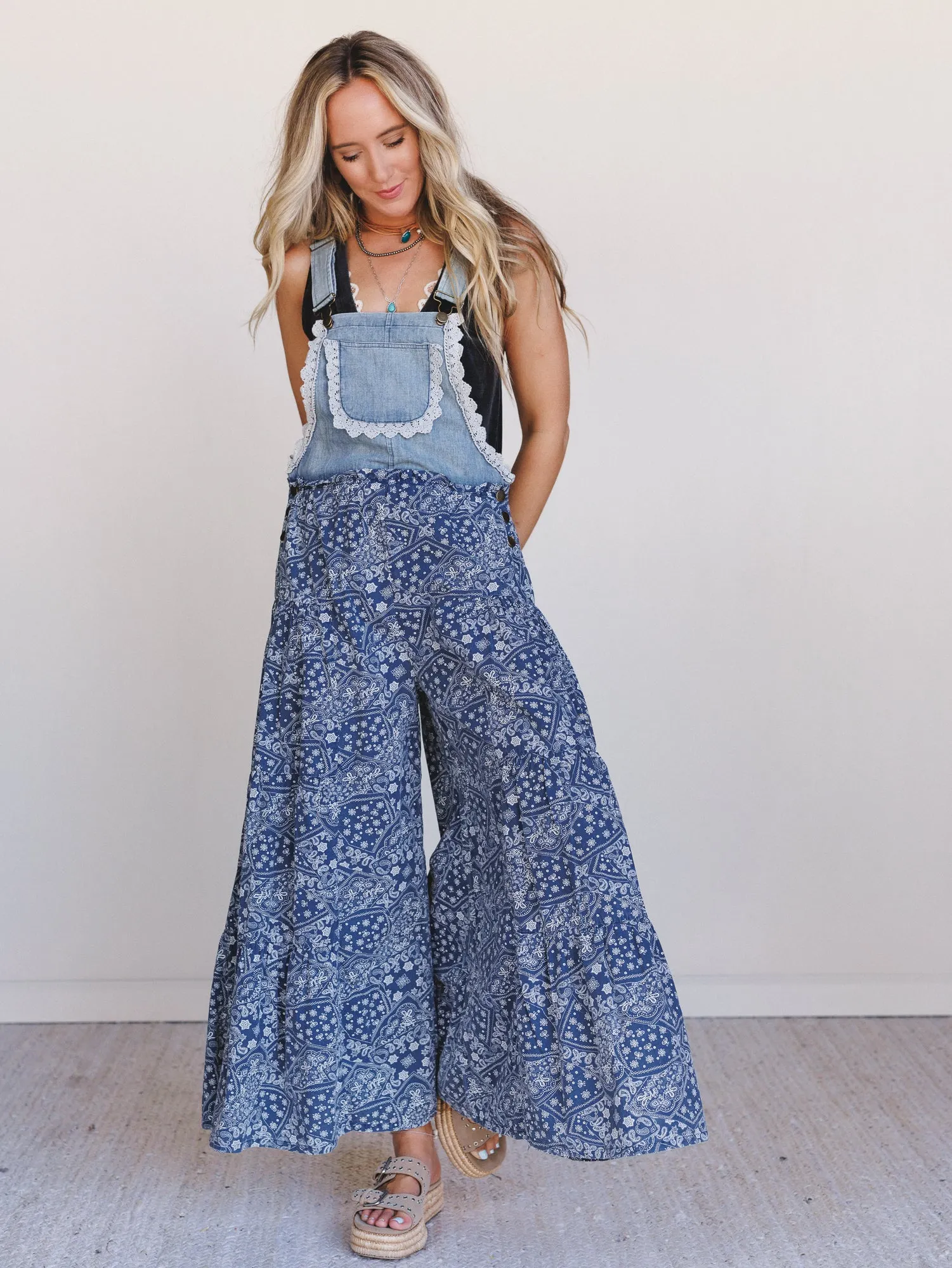 Sunset Paisley Tiered Overalls - Denim