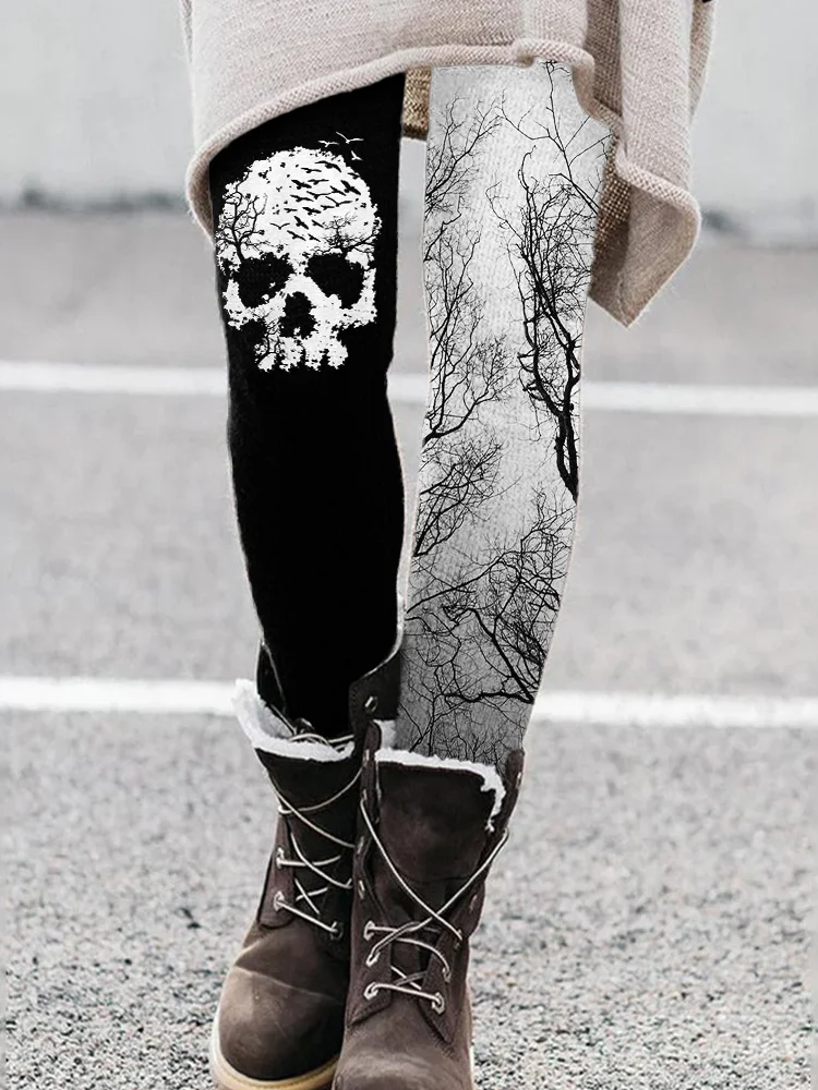 Vefave Forest Inspired Spooky Skull Contrast Leggings