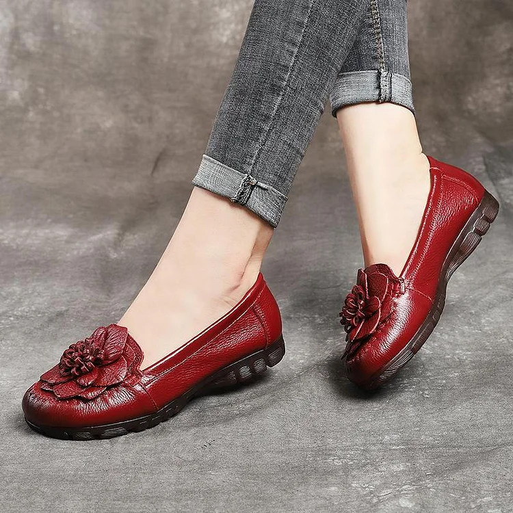 Red Floral Cowhide Leather Flat Shoes For Women  Flat