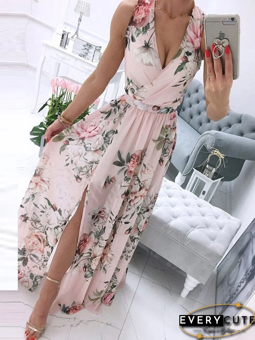 Summer Deep V-Neck Sleeveless Beach Dress Elegant Women Chiffon Maxi Split Sunress Vintage Floral Print Long Cover-Ups Vestidos
