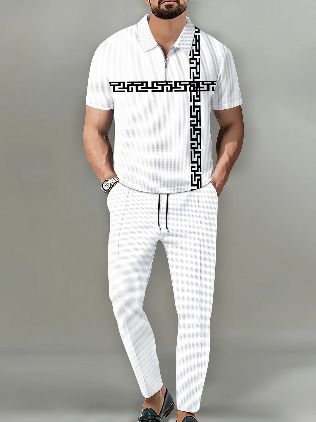 Men's Casual Color Block Letter Polo Shirt and Trousers Two Piece Set 009
