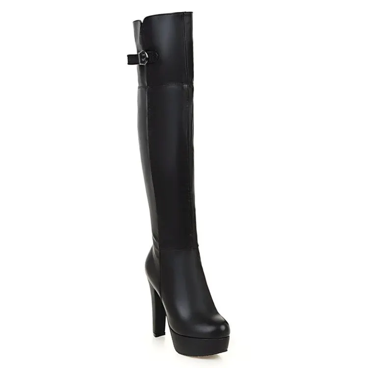 VCSHOES Pu Leather Belts Buckles Chunky Heel Platform Over the Knee Boots