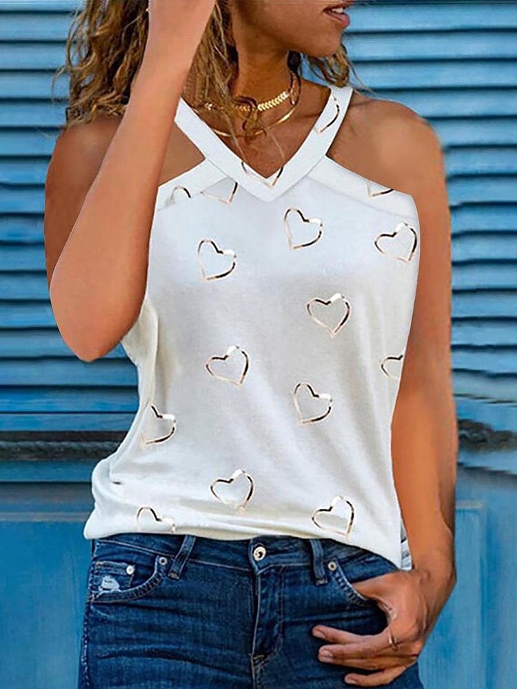 Love Printed V-neck Sleeveless Loose T-shirt P13413