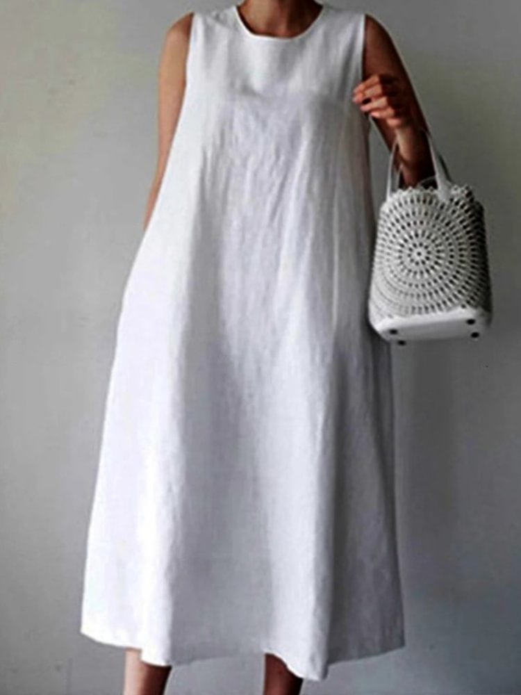Vintage Sleeveless Midi Dress With Pockets-