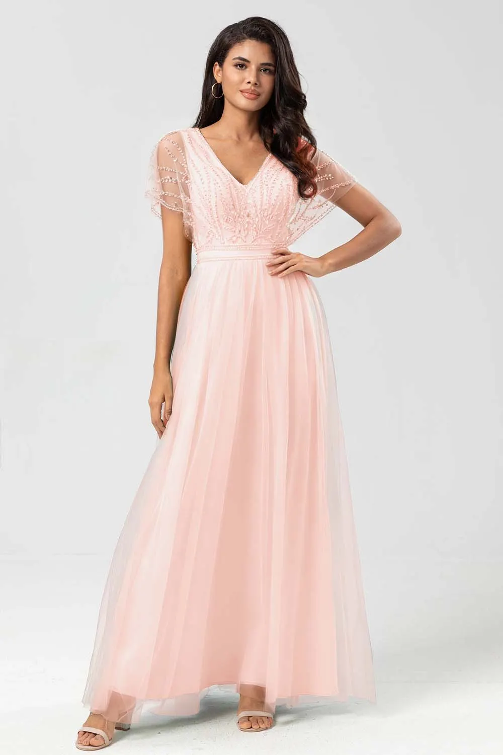 Daisda Tulle V-Neck High-Waisted Long A-Line Embroidery Mother Of The Bride Dress With Sequins