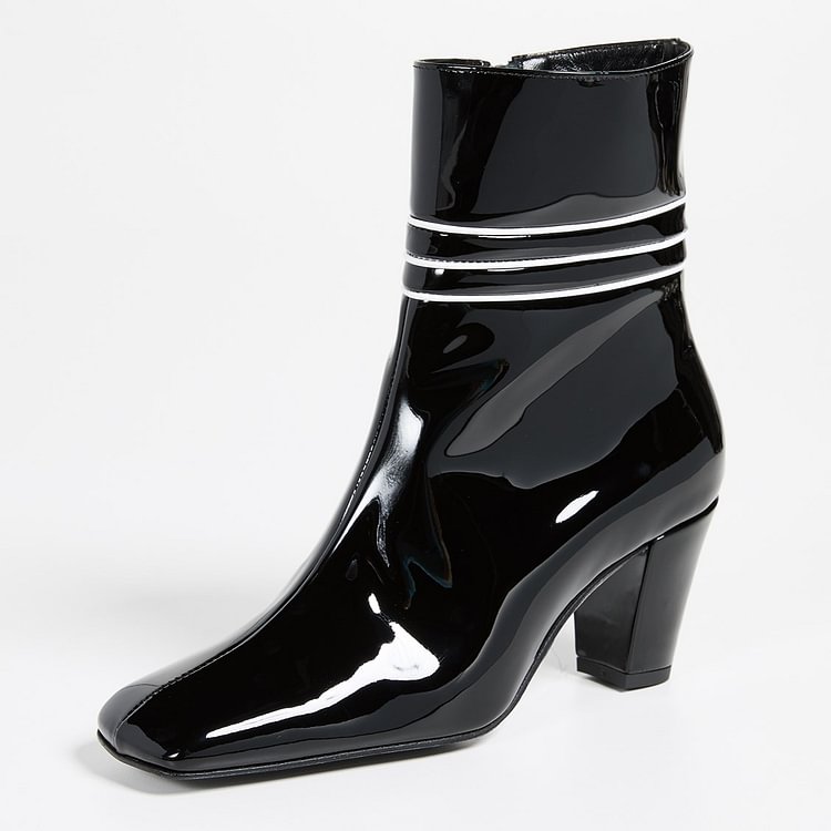 Black Patent Leather Square Toe Chunky Heels Zipper Ankle Booties |FSJ Shoes