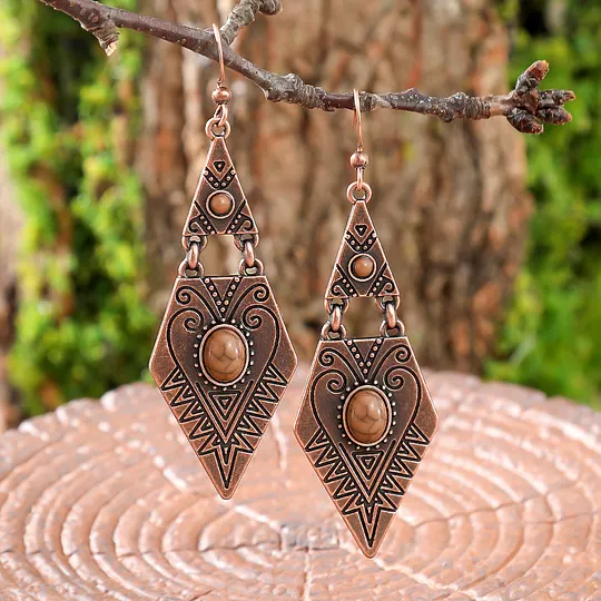 Retro Bohemian Turquoise Earrings Simple and Versatile Geometric Rhombus Metal Texture Earrings