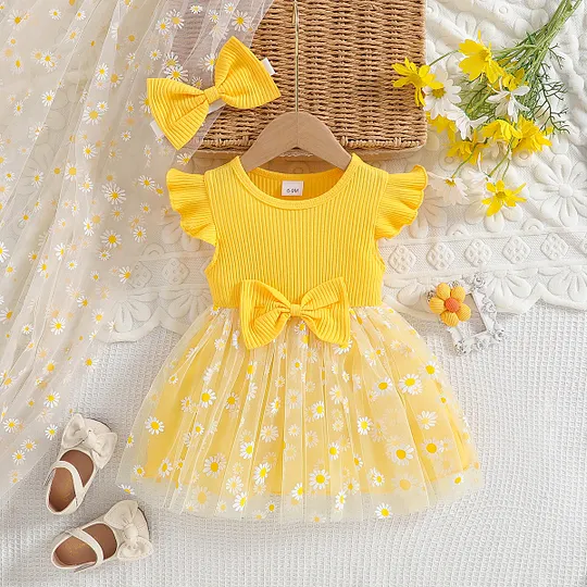 【6M-3Y】Girls' Tulle Dress With Daisy Print & Bow