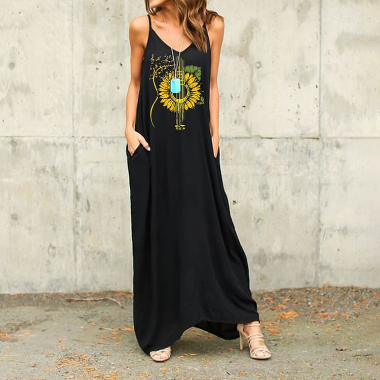 Casual Sunflower Note Print Maxi Dress