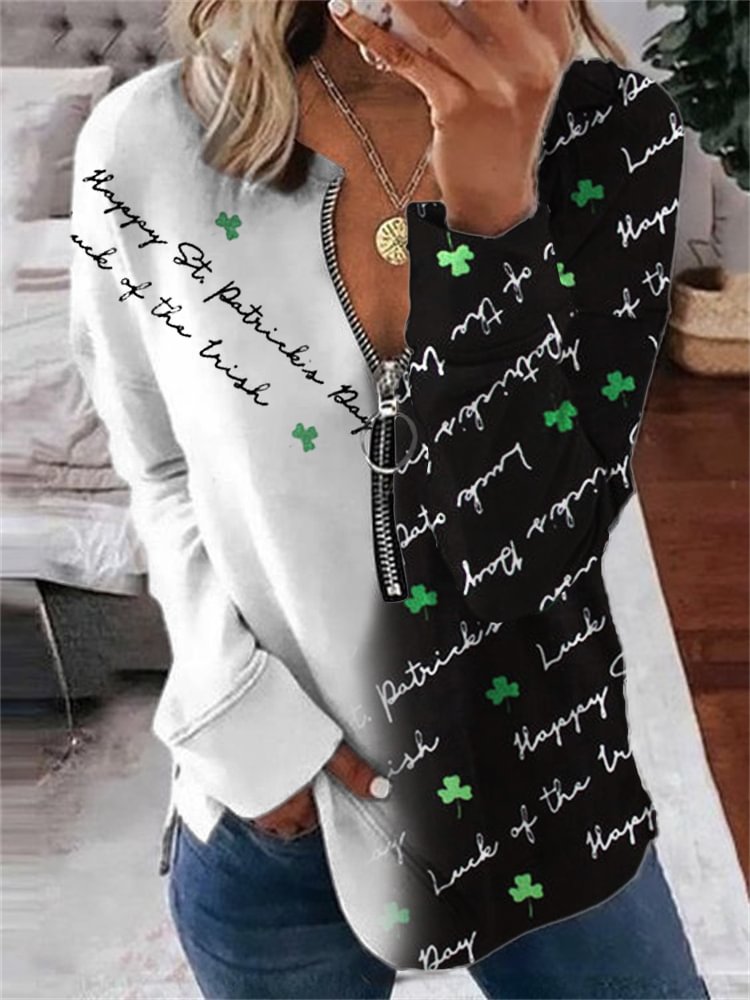 St. Patrick's Day Wishes Clover Contrast Zip Up Sweatshirt