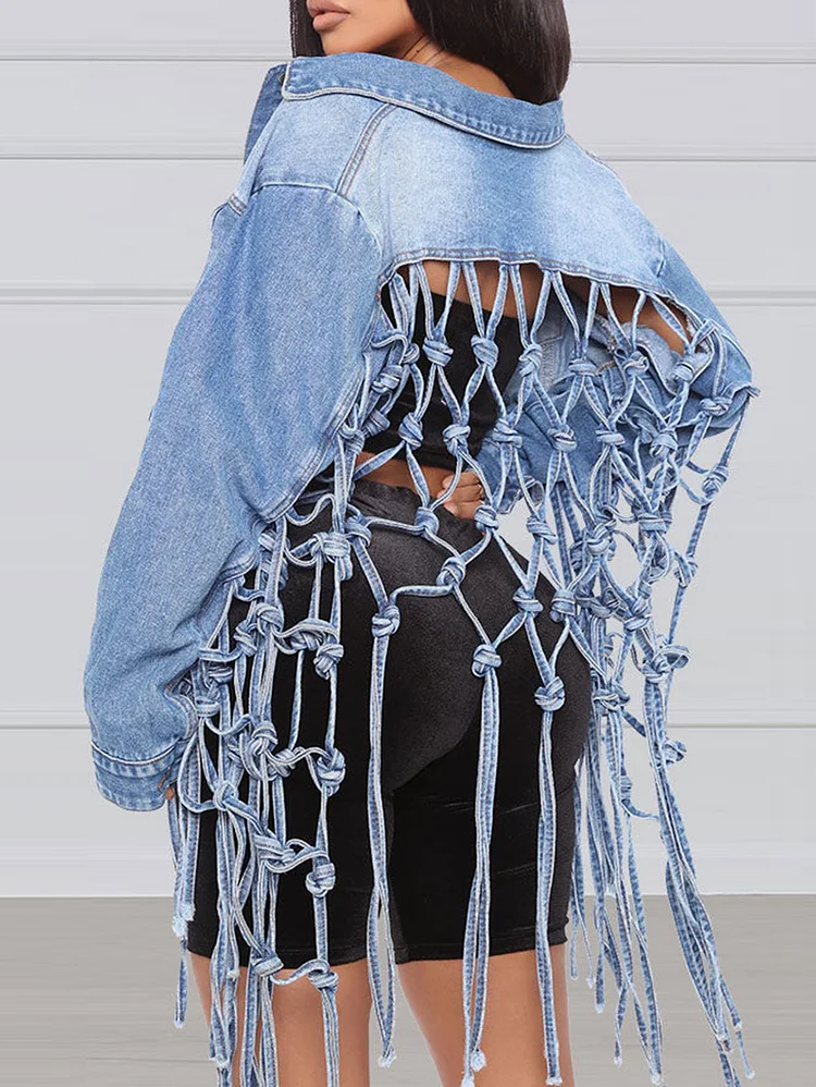 Fashion Lapel Pocket Strappy Grid Tassels Denim Jacket