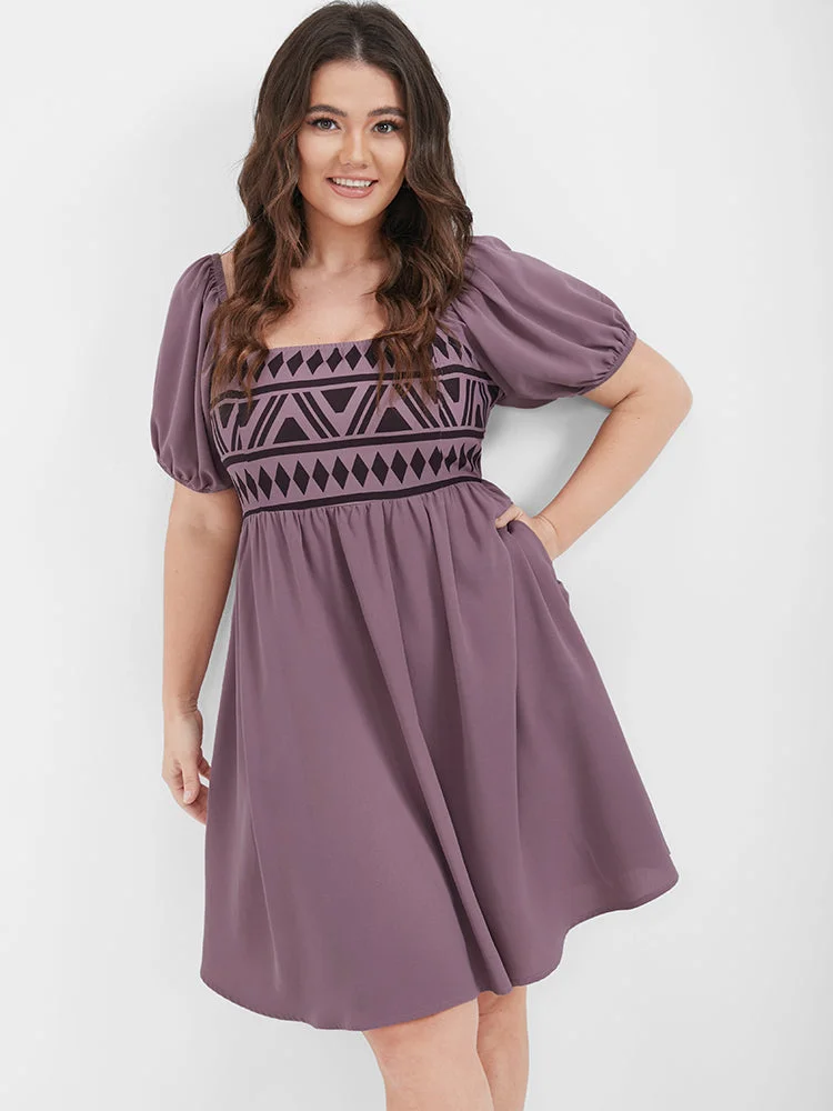Geometric Printed Pocket Puff Sleeve Square Neck Dress