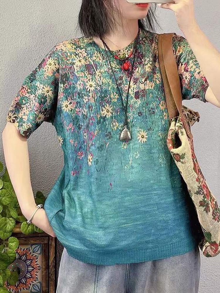 Leaves Floral Print O neck Short Sleeve Loose Knitted Vintage T Shirt P1838004