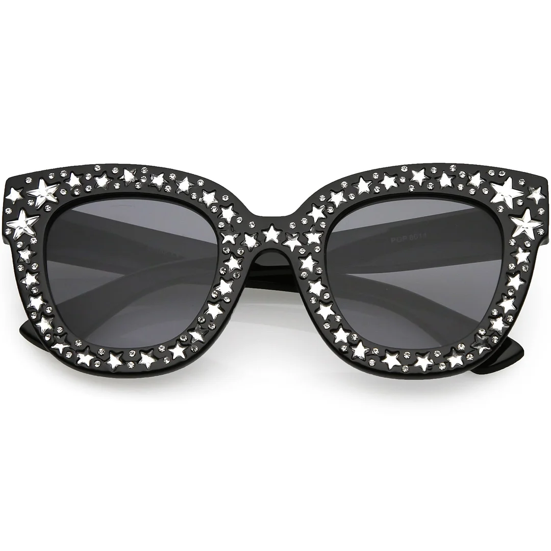 Oversize Star Rhinestones Cat Eye glasses Wide Arms Square Lens 48mm