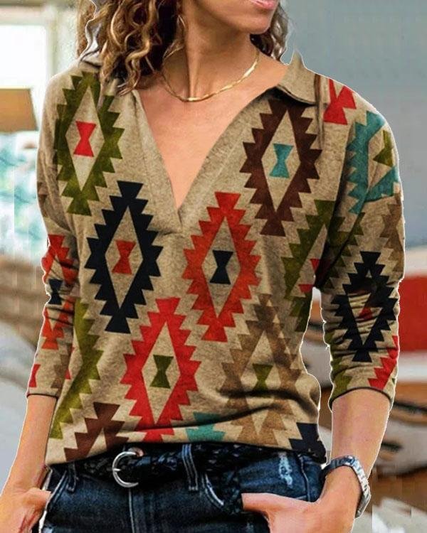 Plus Size Vintage Geometry Print Long Sleeve Tops - Chicaggo