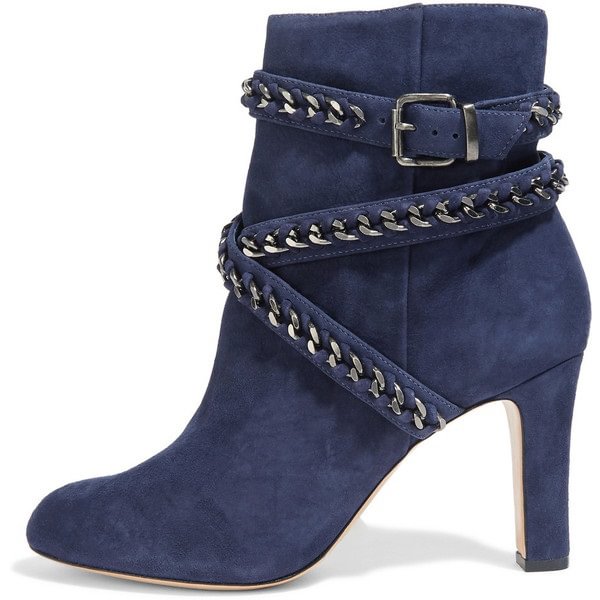 Navy Ankle Booties Chain Strappy Suede Chunky Heel Short Boots |FSJ Shoes