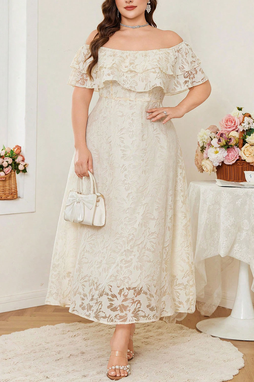 see through flowy dress Plus Size Everyday Apricot Lace Off The Shoulder See-Through Maxi Dress- Flycurvy dress socks