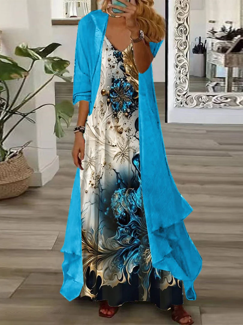Women's Half Sleeve V-neck Floral Printed Two Pieces Maxi Dress
