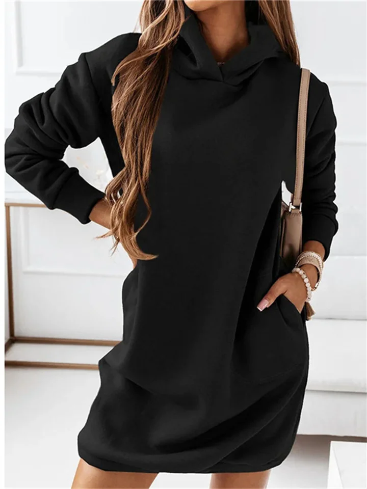 Autumn and Winter Solid Color New Loose Waist Women's Hooded Hipster Long Sleeve Solid Color Long Sweater-JRSEE