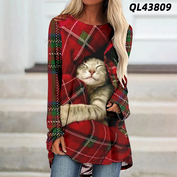 Christmas Cat Printing T-shirt VangoghDress