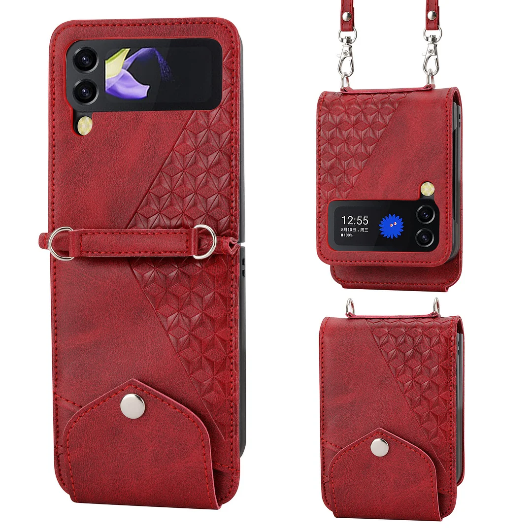 Retro Crossbody Wallet Embossing Leather Phone Case With Lanyard And 2 Cards Slot For Galaxy Z Flip3/Z Flip4