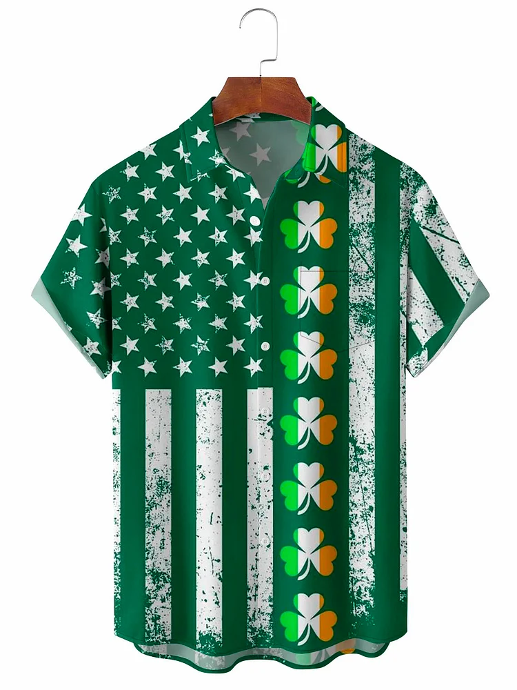 Men's Clover American Flag Print St Patrick's Day Short Sleeve Shirt