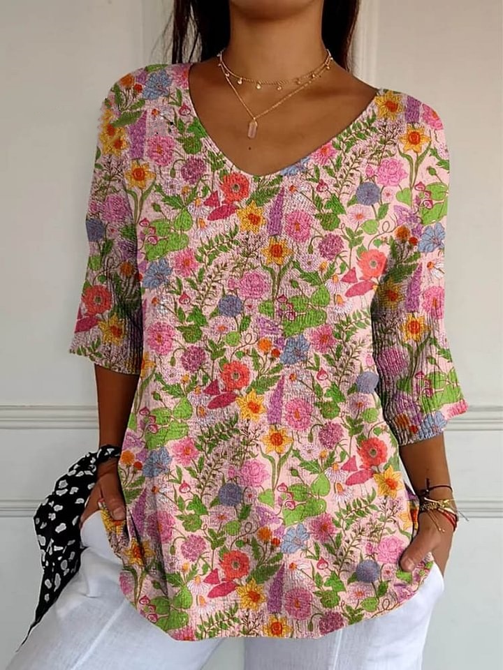 Women's Lovely Floral Art Print Casual Pullover Knit