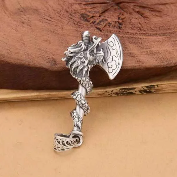Sterling Silver Dragon Axe Pendant Necklace